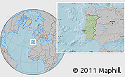 Savanna Style Location Map of Portugal, gray outside, hill shading