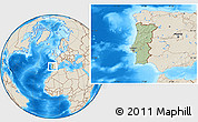 Savanna Style Location Map of Portugal, shaded relief outside, hill shading