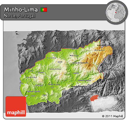 Physical 3D Map of Minho-Lima, darken, desaturated