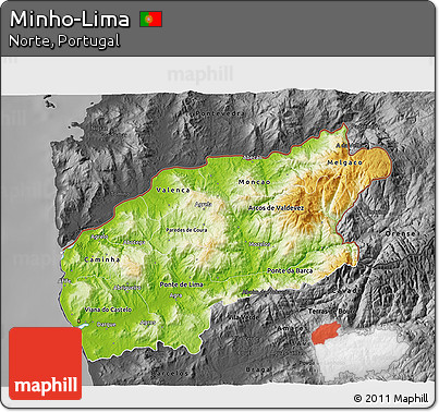 Physical 3D Map of Minho-Lima, darken, desaturated