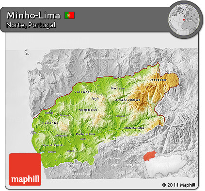 Physical 3D Map of Minho-Lima, lighten, desaturated