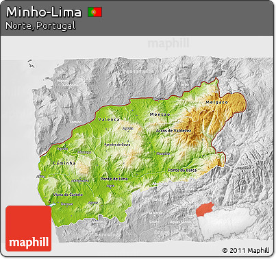 Physical 3D Map of Minho-Lima, lighten, desaturated