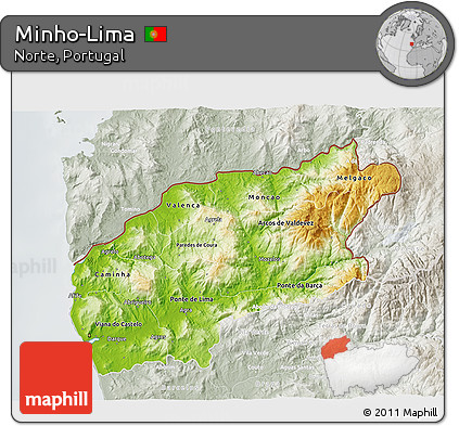 Physical 3D Map of Minho-Lima, lighten, semi-desaturated
