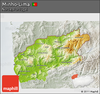 Physical 3D Map of Minho-Lima, lighten, semi-desaturated