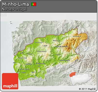 Physical 3D Map of Minho-Lima, lighten, semi-desaturated