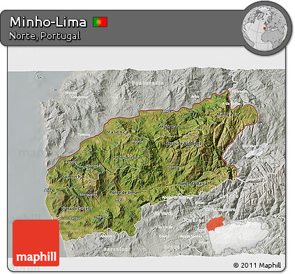 Satellite 3D Map of Minho-Lima, lighten, semi-desaturated