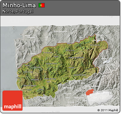 Satellite 3D Map of Minho-Lima, lighten, semi-desaturated