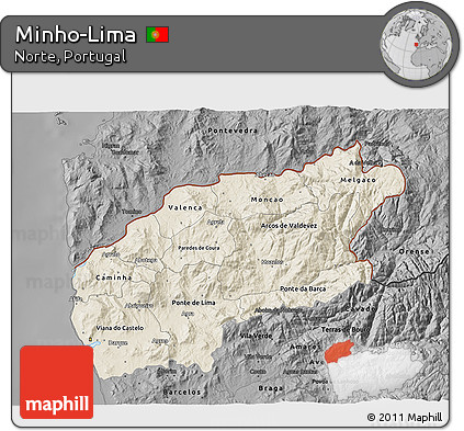 Shaded Relief 3D Map of Minho-Lima, darken, desaturated