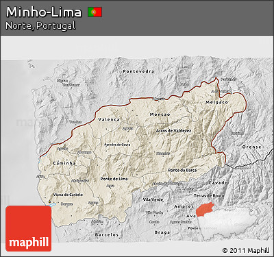 Shaded Relief 3D Map of Minho-Lima, desaturated
