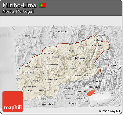 Shaded Relief 3D Map of Minho-Lima, desaturated