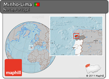 Gray Location Map of Minho-Lima, highlighted country, highlighted parent region, hill shading
