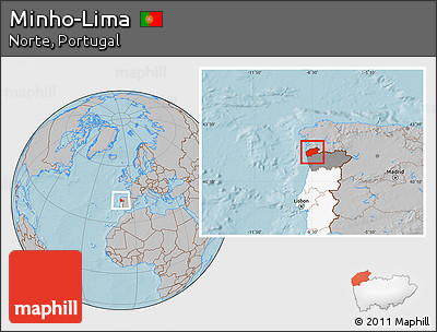 Gray Location Map of Minho-Lima, highlighted country, highlighted parent region, hill shading