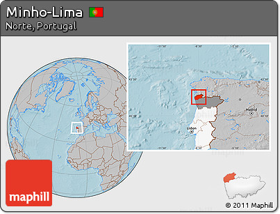 Gray Location Map of Minho-Lima, highlighted country, highlighted parent region, hill shading