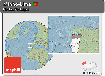 Savanna Style Location Map of Minho-Lima, highlighted country, highlighted parent region, hill shading