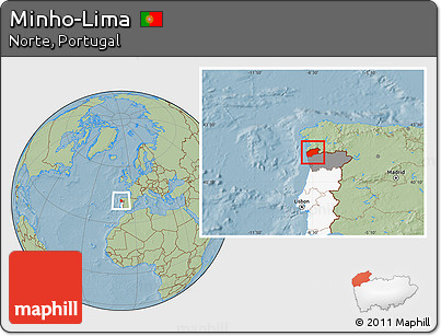 Savanna Style Location Map of Minho-Lima, highlighted country, highlighted parent region, hill shading