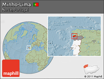 Savanna Style Location Map of Minho-Lima, highlighted country, highlighted parent region, hill shading