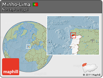 Savanna Style Location Map of Minho-Lima, highlighted country, hill shading
