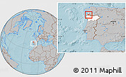 Gray Location Map of Monçao, highlighted grandparent region, within the entire country, hill shading