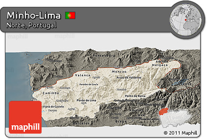Shaded Relief Panoramic Map of Minho-Lima, darken