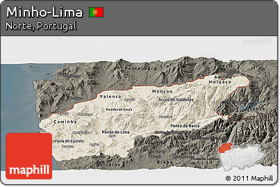 Shaded Relief Panoramic Map of Minho-Lima, darken