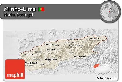 Shaded Relief Panoramic Map of Minho-Lima, lighten, desaturated