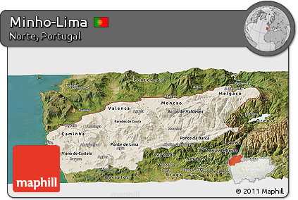 Shaded Relief Panoramic Map of Minho-Lima, satellite outside