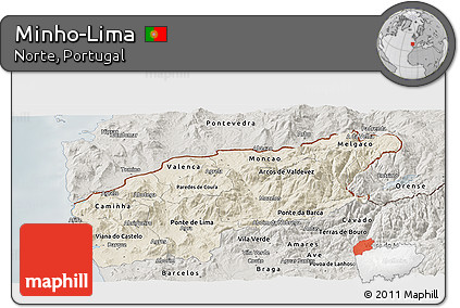 Shaded Relief Panoramic Map of Minho-Lima, semi-desaturated