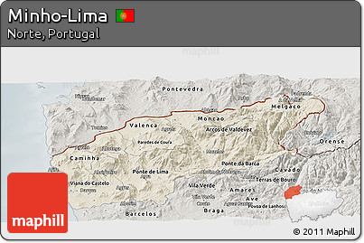 Shaded Relief Panoramic Map of Minho-Lima, semi-desaturated