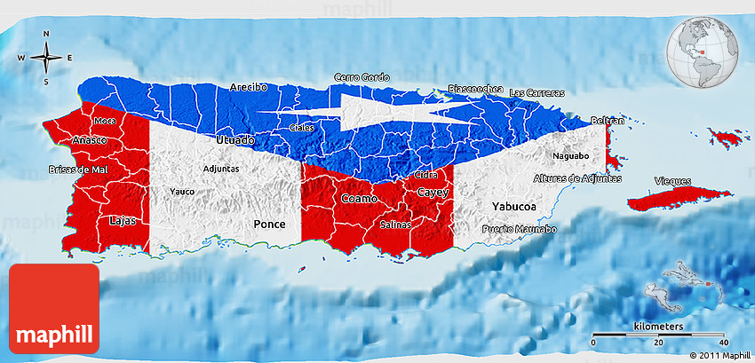 Flag 3D Map of Puerto Rico, physical outside, flag rotated