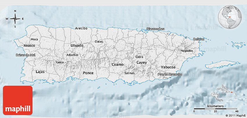 Gray 3D Map of Puerto Rico, single color outside