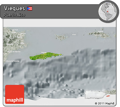 Satellite 3D Map of Vieques, lighten, semi-desaturated