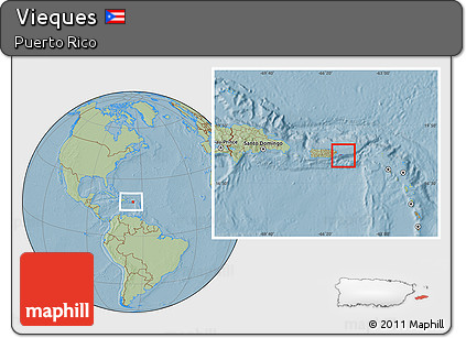 Savanna Style Location Map of Vieques, within the entire country, hill shading