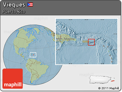 Savanna Style Location Map of Vieques, within the entire country, hill shading