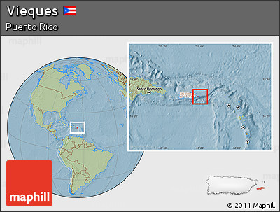 Savanna Style Location Map of Vieques, highlighted country, hill shading