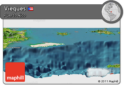 Shaded Relief Panoramic Map of Vieques, satellite outside