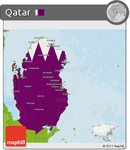 Flag 3D Map of Qatar, physical outside, bathymetry sea, flag aligned to the middle