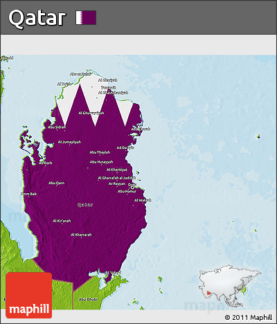 Flag 3D Map of Qatar, physical outside, bathymetry sea, flag aligned to the middle