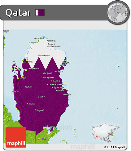 Flag 3D Map of Qatar, physical outside, flag rotated