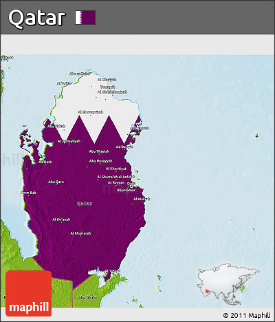 Flag 3D Map of Qatar, physical outside, flag rotated