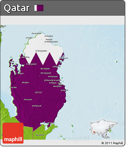 Flag 3D Map of Qatar, physical outside, flag rotated