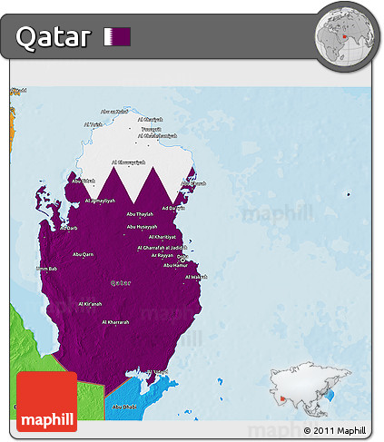 Flag 3D Map of Qatar, political shades outside, flag rotated