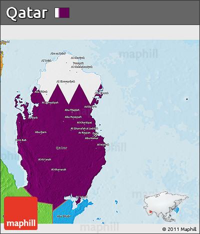 Flag 3D Map of Qatar, political shades outside, flag rotated