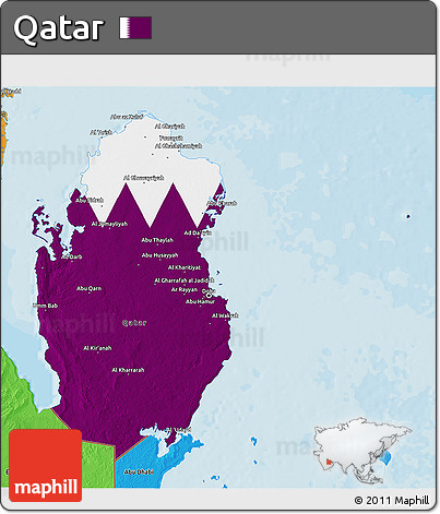 Flag 3D Map of Qatar, political shades outside, flag rotated