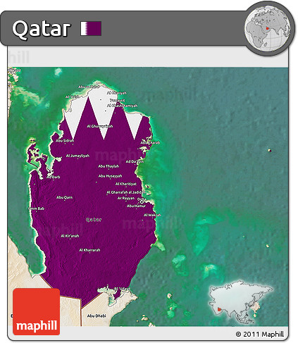 Flag 3D Map of Qatar, satellite outside, flag aligned to the middle