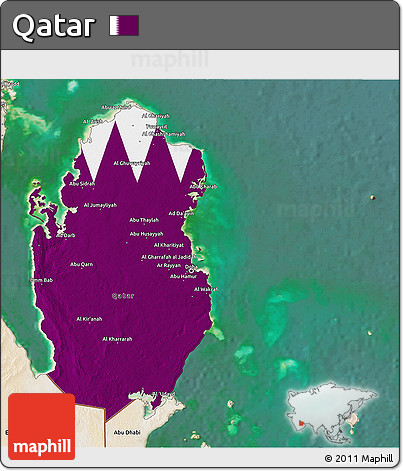 Flag 3D Map of Qatar, satellite outside, flag aligned to the middle