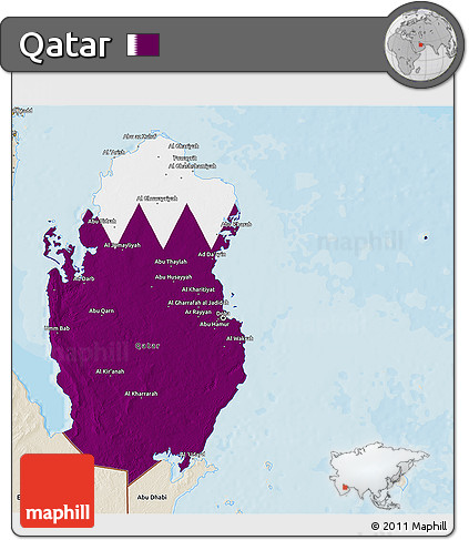 Flag 3D Map of Qatar, shaded relief outside, bathymetry sea, flag rotated