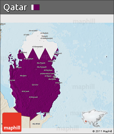 Flag 3D Map of Qatar, shaded relief outside, bathymetry sea, flag rotated