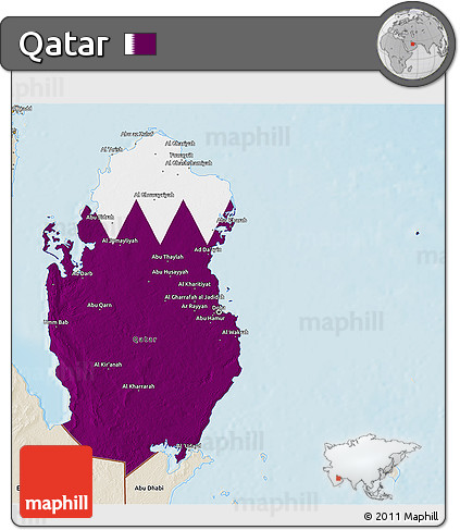 Flag 3D Map of Qatar, shaded relief outside, flag rotated