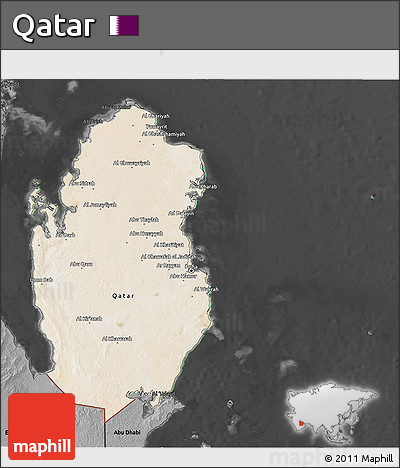 Satellite 3D Map of Qatar, darken, desaturated