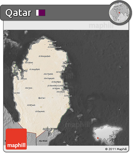 Satellite 3D Map of Qatar, darken, desaturated